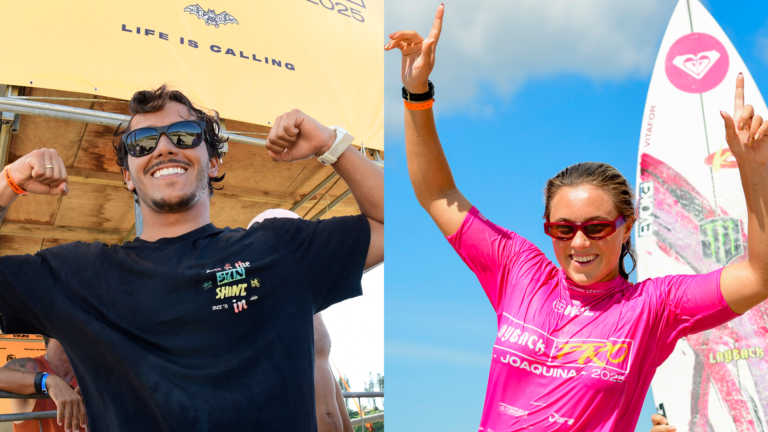 Laura Raupp e Lucas Vicente festejam os títulos sul-americanos em casa no WSL Layback Pro